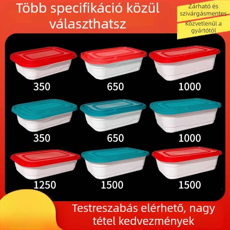 Derékszögű egyszer használatos ebédes doboz fedővel, PP anyagból, mikrohullámú sütőben használható, többszörös zárókapocs, logó nyomtatására