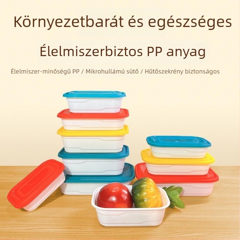 Derékszögű egyszer használatos ebédes doboz fedővel, PP anyagból, mikrohullámú sütőben használható, többszörös zárókapocs, logó nyomtatására