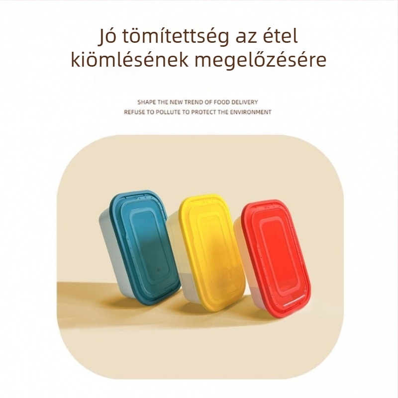 Derékszögű egyszer használatos ebédes doboz fedővel, PP anyagból, mikrohullámú sütőben használható, többszörös zárókapocs, logó nyomtatására