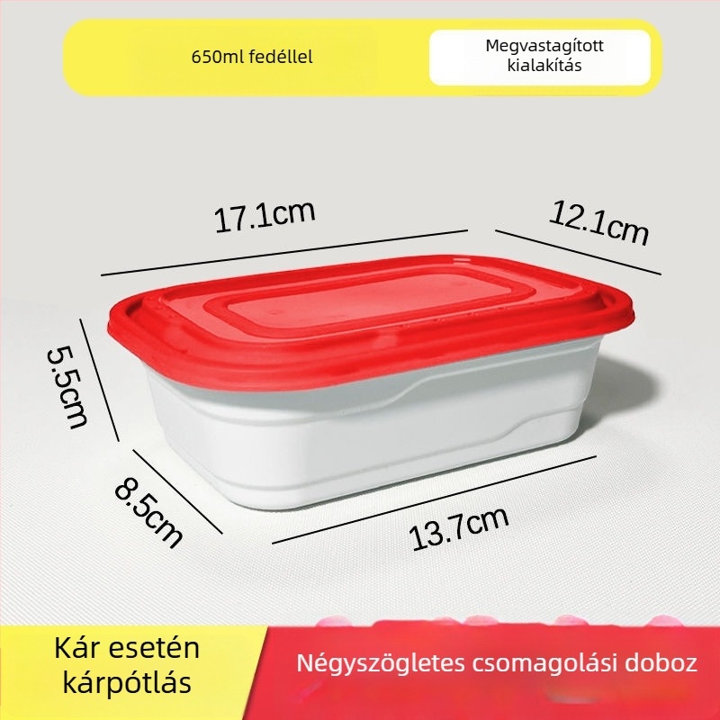 Derékszögű egyszer használatos ebédes doboz fedővel, PP anyagból, mikrohullámú sütőben használható, többszörös zárókapocs, logó nyomtatására