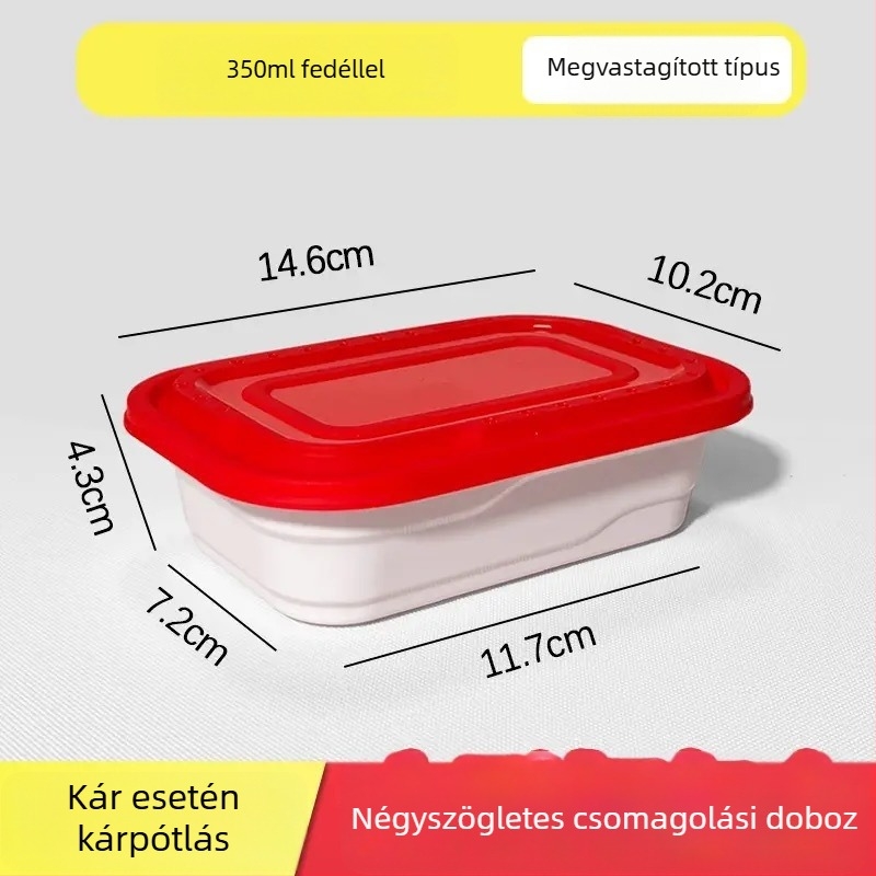 Derékszögű egyszer használatos ebédes doboz fedővel, PP anyagból, mikrohullámú sütőben használható, többszörös zárókapocs, logó nyomtatására