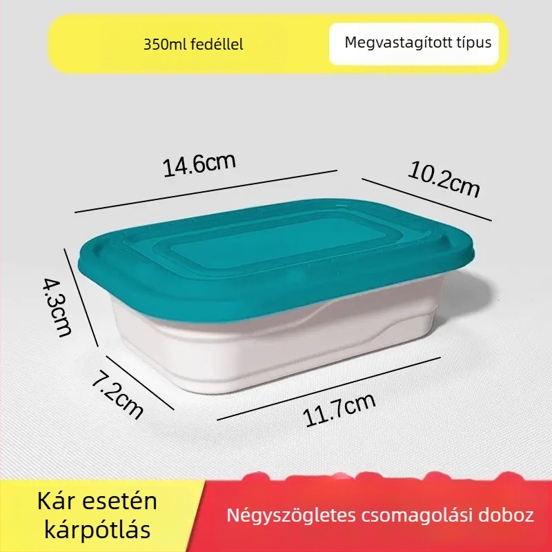 Derékszögű egyszer használatos ebédes doboz fedővel, PP anyagból, mikrohullámú sütőben használható, többszörös zárókapocs, logó nyomtatására