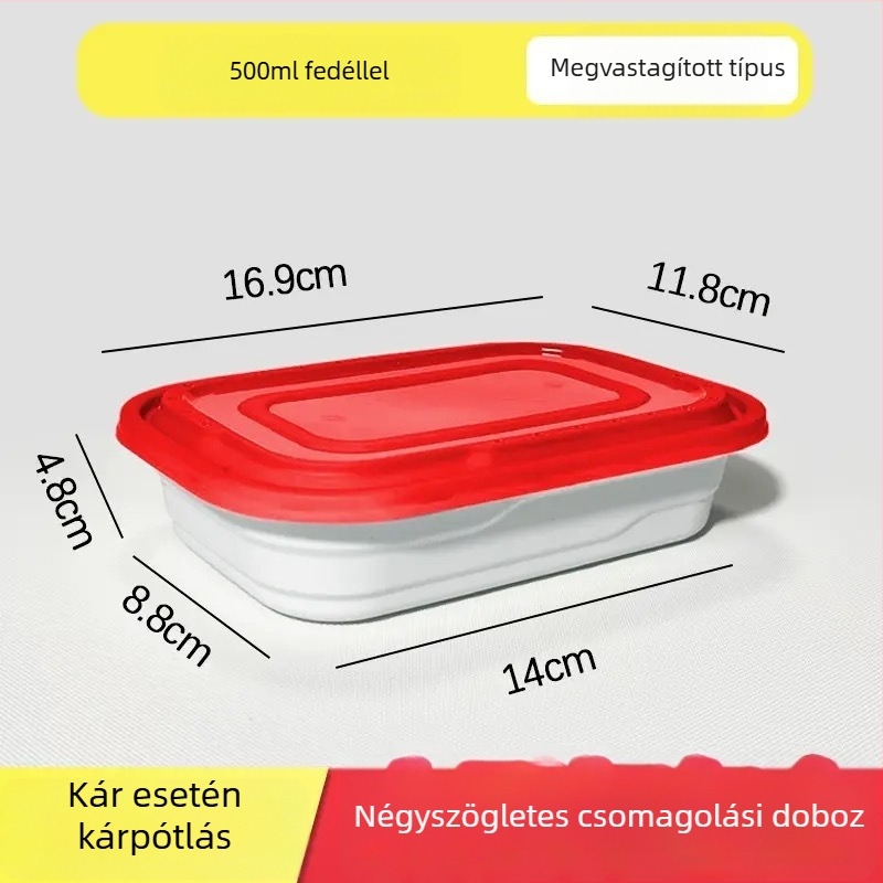 Derékszögű egyszer használatos ebédes doboz fedővel, PP anyagból, mikrohullámú sütőben használható, többszörös zárókapocs, logó nyomtatására