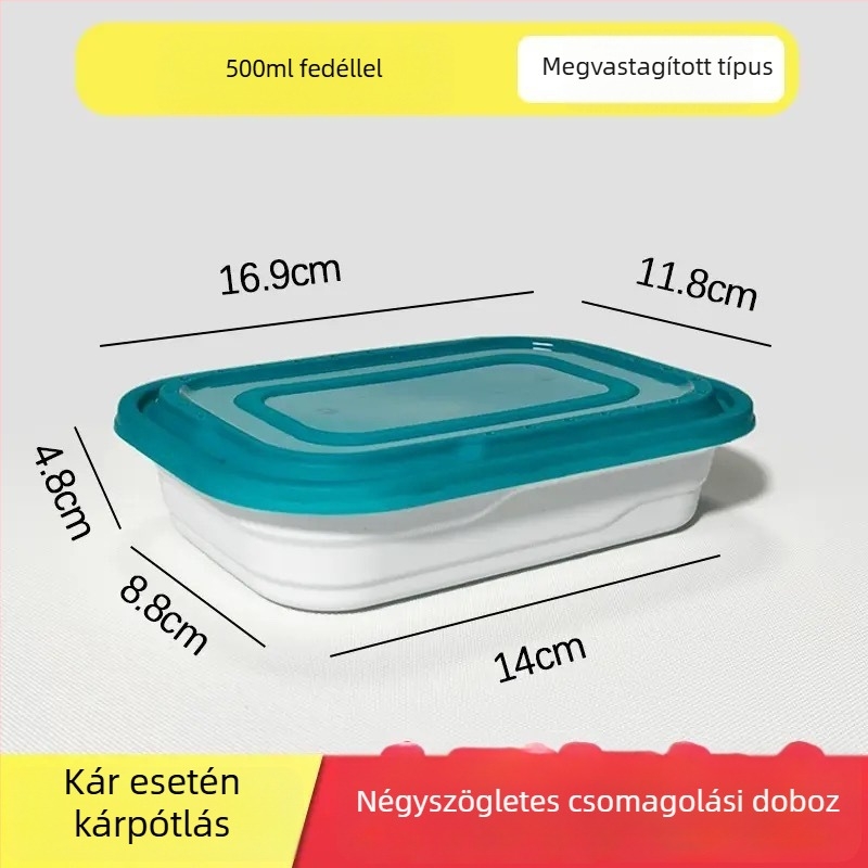 Derékszögű egyszer használatos ebédes doboz fedővel, PP anyagból, mikrohullámú sütőben használható, többszörös zárókapocs, logó nyomtatására