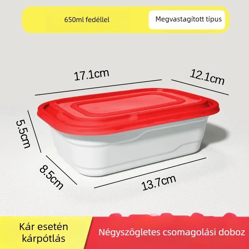 Derékszögű egyszer használatos ebédes doboz fedővel, PP anyagból, mikrohullámú sütőben használható, többszörös zárókapocs, logó nyomtatására