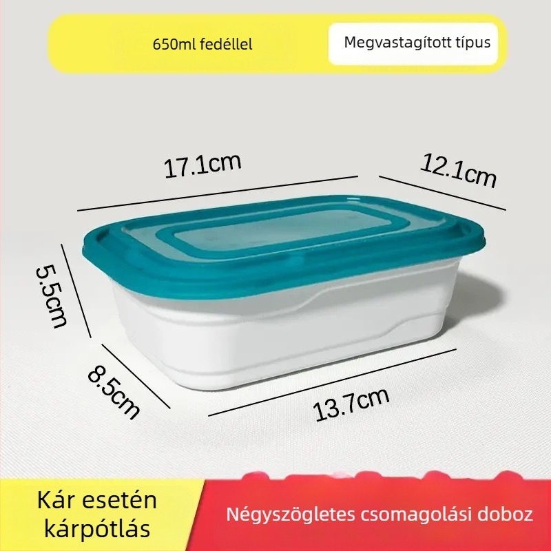 Derékszögű egyszer használatos ebédes doboz fedővel, PP anyagból, mikrohullámú sütőben használható, többszörös zárókapocs, logó nyomtatására