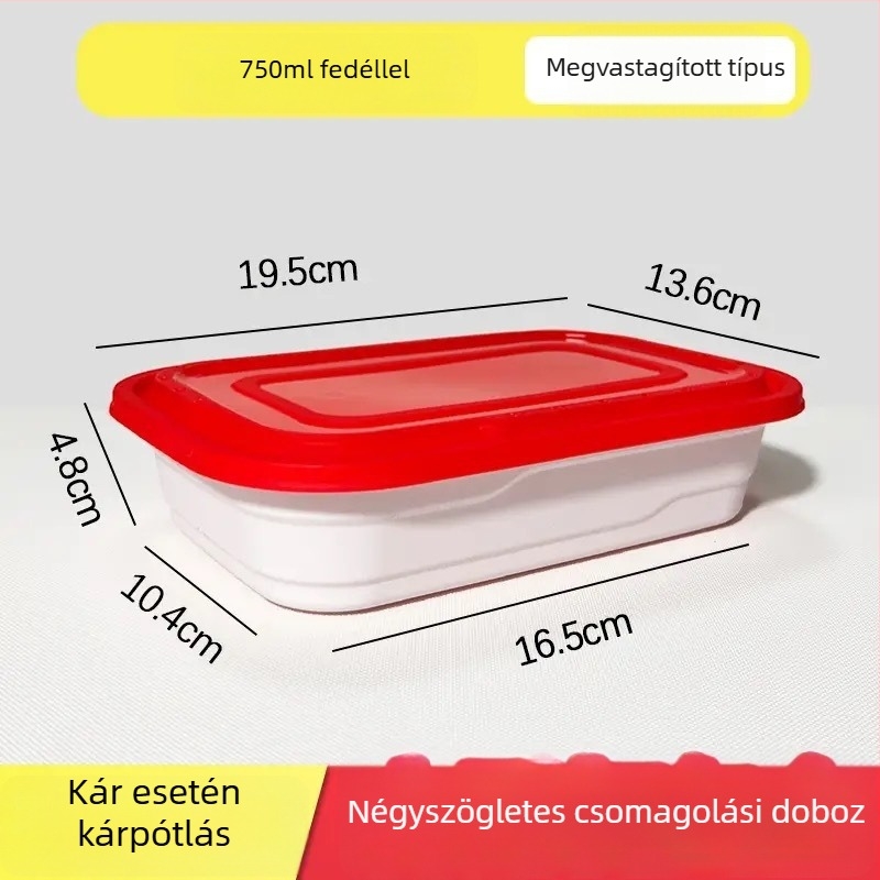 Derékszögű egyszer használatos ebédes doboz fedővel, PP anyagból, mikrohullámú sütőben használható, többszörös zárókapocs, logó nyomtatására