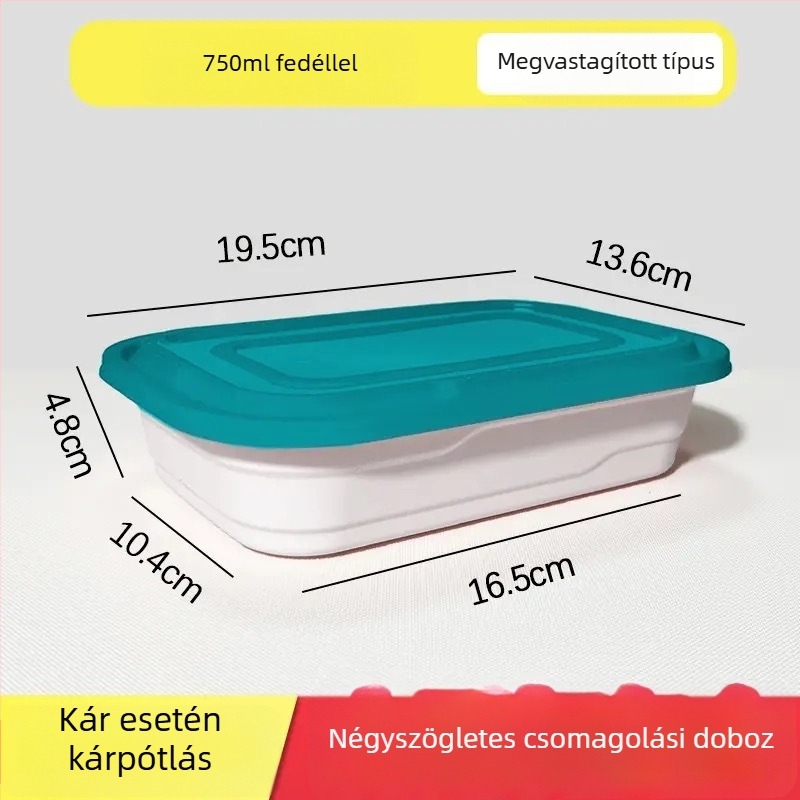 Derékszögű egyszer használatos ebédes doboz fedővel, PP anyagból, mikrohullámú sütőben használható, többszörös zárókapocs, logó nyomtatására