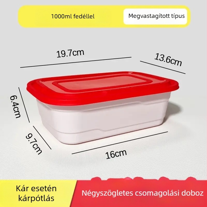 Derékszögű egyszer használatos ebédes doboz fedővel, PP anyagból, mikrohullámú sütőben használható, többszörös zárókapocs, logó nyomtatására