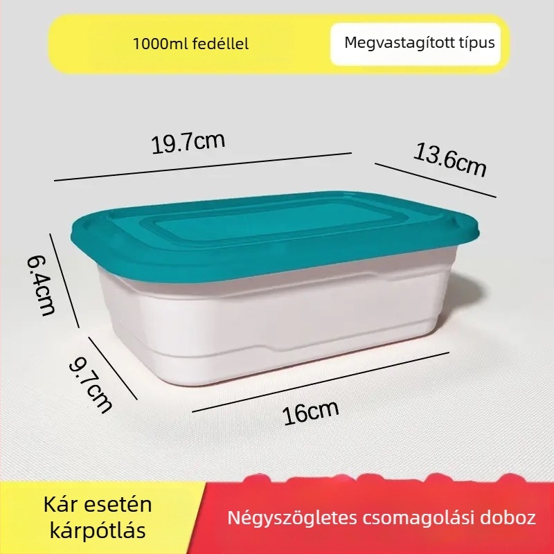 Derékszögű egyszer használatos ebédes doboz fedővel, PP anyagból, mikrohullámú sütőben használható, többszörös zárókapocs, logó nyomtatására
