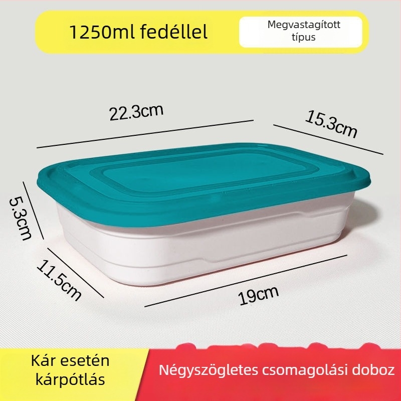 Derékszögű egyszer használatos ebédes doboz fedővel, PP anyagból, mikrohullámú sütőben használható, többszörös zárókapocs, logó nyomtatására