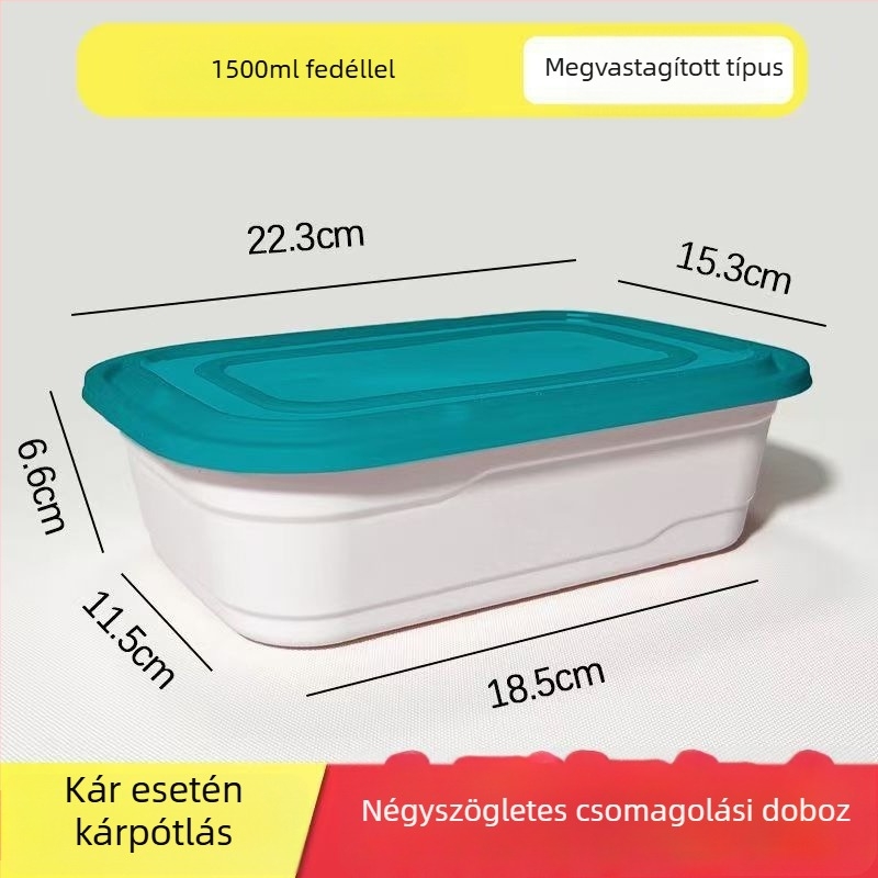 Derékszögű egyszer használatos ebédes doboz fedővel, PP anyagból, mikrohullámú sütőben használható, többszörös zárókapocs, logó nyomtatására