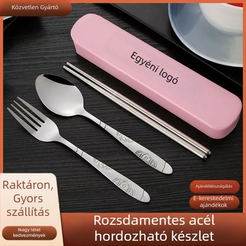 Rozsdamentes acél evőeszközök készlet diákoknak, tartalmaz pálcikákat, villákat és kanálokat egy hordozható dobozban