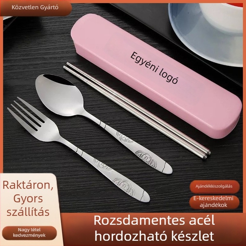 Rozsdamentes acél evőeszközök készlet diákoknak, tartalmaz pálcikákat, villákat és kanálokat egy hordozható dobozban