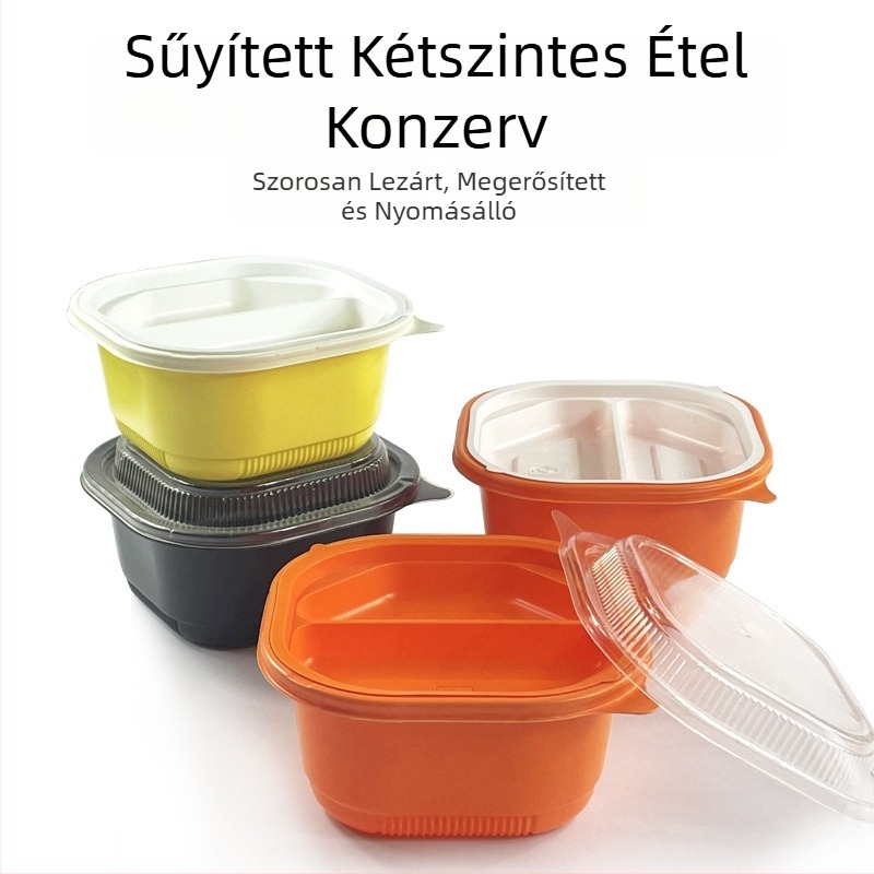 Kétszintes műanyag ebédes doboz fedéllel, mikrohullámú sütőben használható, elvitelre csomagolás