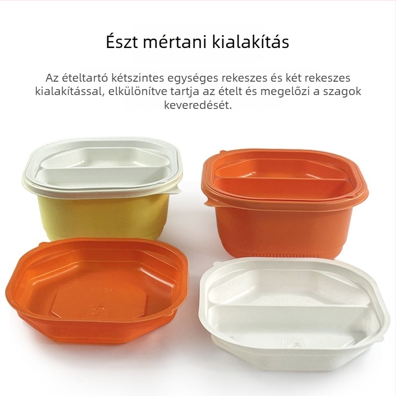 Kétszintes műanyag ebédes doboz fedéllel, mikrohullámú sütőben használható, elvitelre csomagolás