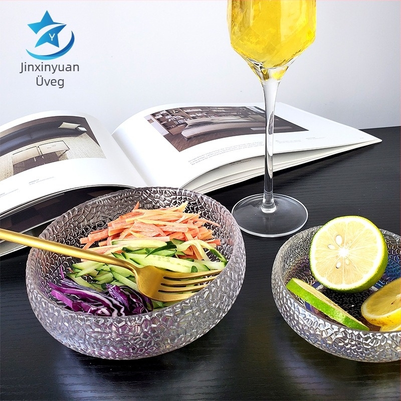 Japán stílusú üvegbowl kalapács textúrával desszertekhez, salátákhoz és hideg ételekhez; átlátszó, hőálló üveg, logó nyomtatás, testreszabás