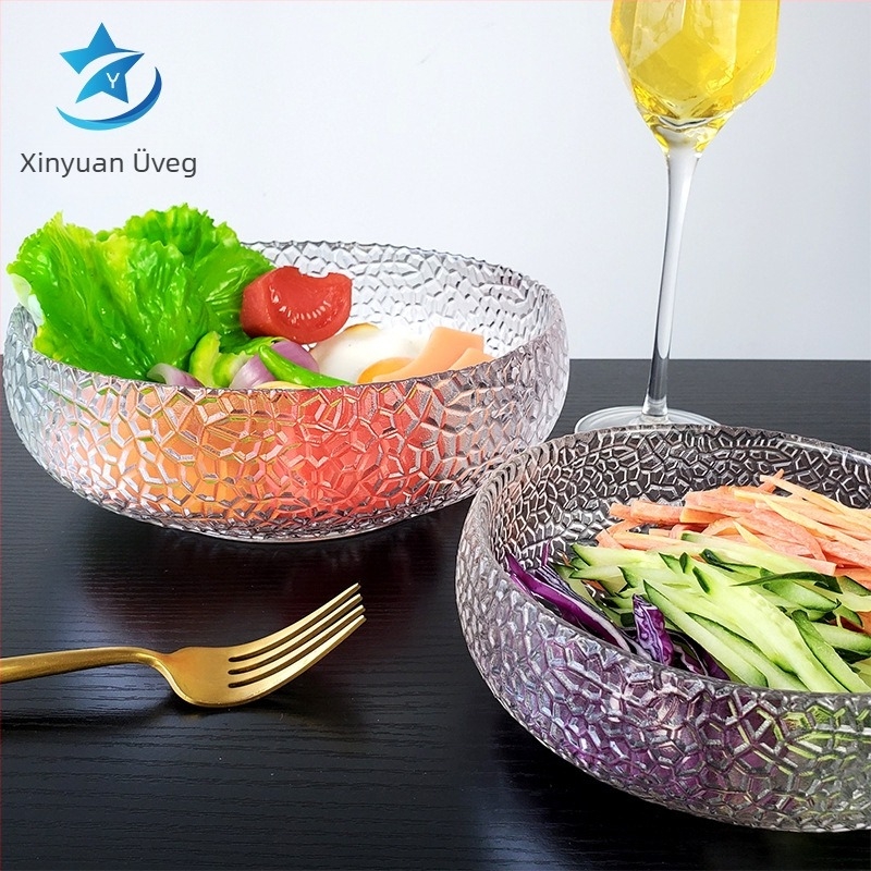 Japán stílusú üvegbowl kalapács textúrával desszertekhez, salátákhoz és hideg ételekhez; átlátszó, hőálló üveg, logó nyomtatás, testreszabás