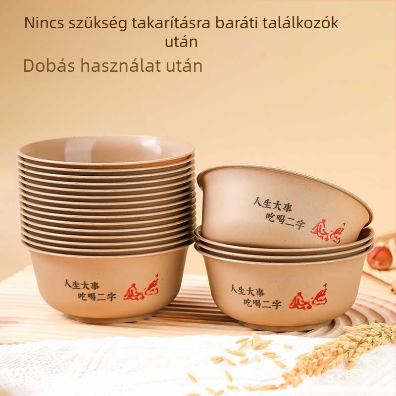 Rizshéjból készült egyszer használatos tálak, biológiailag lebomló anyagból, kerek formájú, otthoni és rendezvényhasználatra, logó nyomtatás elérhető, mikrohullámú sütőben nem használható