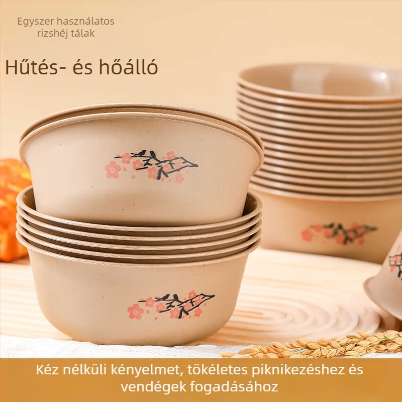 Rizshéjból készült egyszer használatos tálak, biológiailag lebomló anyagból, kerek formájú, otthoni és rendezvényhasználatra, logó nyomtatás elérhető, mikrohullámú sütőben nem használható