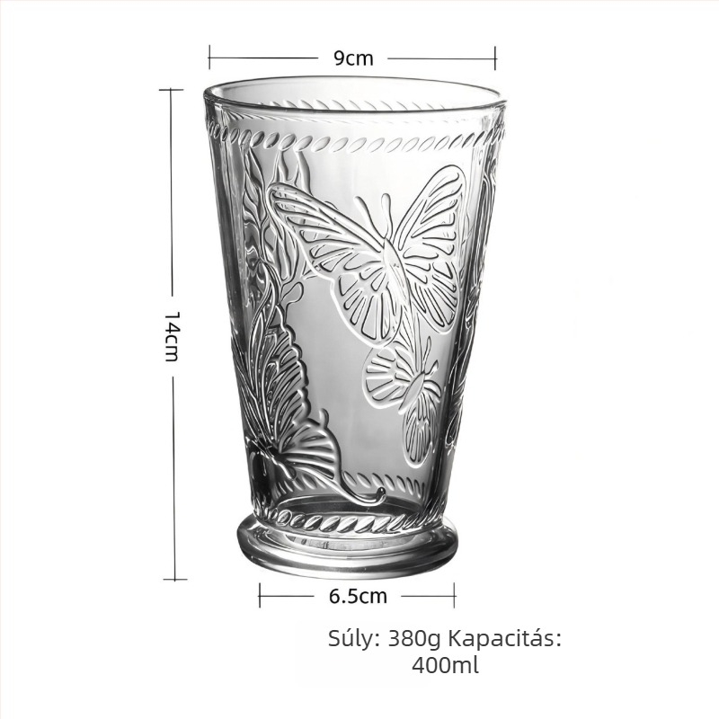 Boros pohár, modern művészeti stílus, reliefes dizájn, szóda-lime üveg, lepke motívum