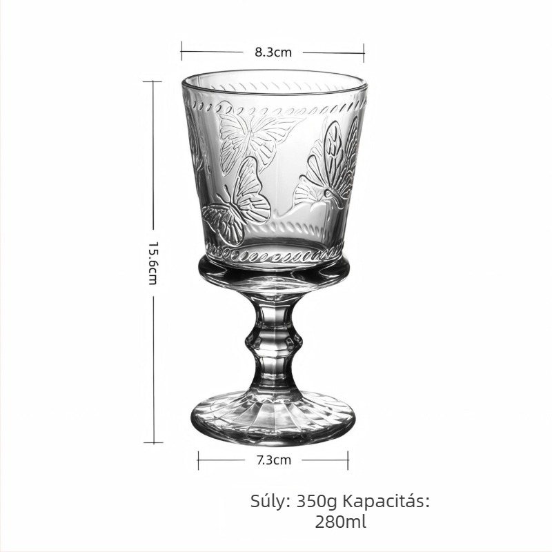 Boros pohár, modern művészeti stílus, reliefes dizájn, szóda-lime üveg, lepke motívum