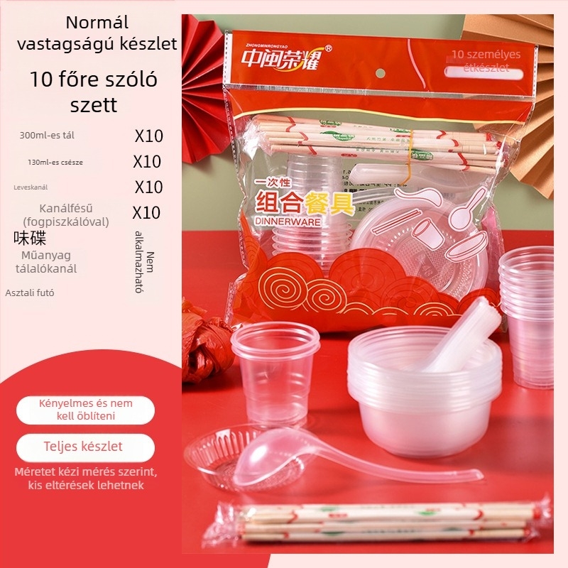 Egyszer használatos műanyag étkészlet kör alakú tálakkal és evőpálcikákkal, 8-10 főre, csomagolások 10/30/60