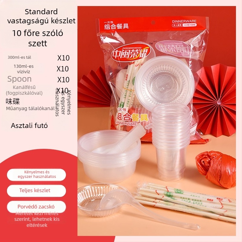Egyszer használatos műanyag étkészlet kör alakú tálakkal és evőpálcikákkal, 8-10 főre, csomagolások 10/30/60