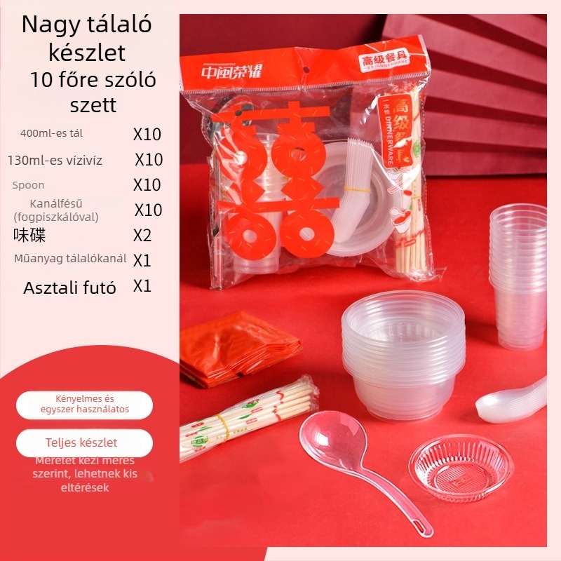 Egyszer használatos műanyag étkészlet kör alakú tálakkal és evőpálcikákkal, 8-10 főre, csomagolások 10/30/60