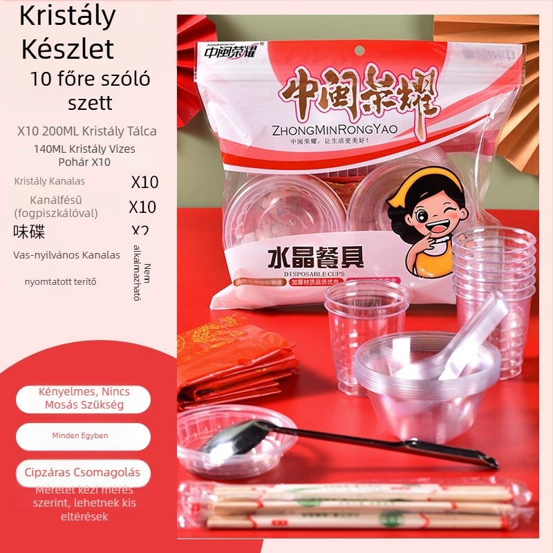 Egyszer használatos műanyag étkészlet kör alakú tálakkal és evőpálcikákkal, 8-10 főre, csomagolások 10/30/60