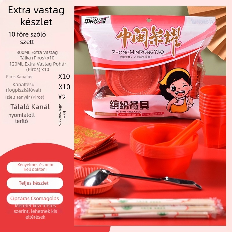 Egyszer használatos műanyag étkészlet kör alakú tálakkal és evőpálcikákkal, 8-10 főre, csomagolások 10/30/60