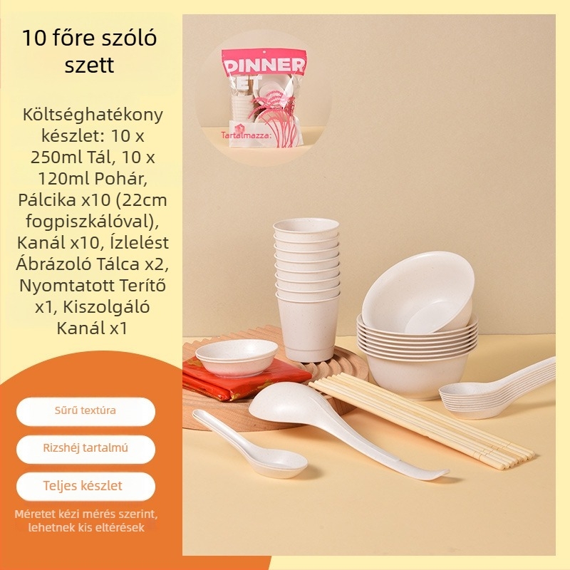 Egyszer használatos műanyag étkészlet kör alakú tálakkal és evőpálcikákkal, 8-10 főre, csomagolások 10/30/60