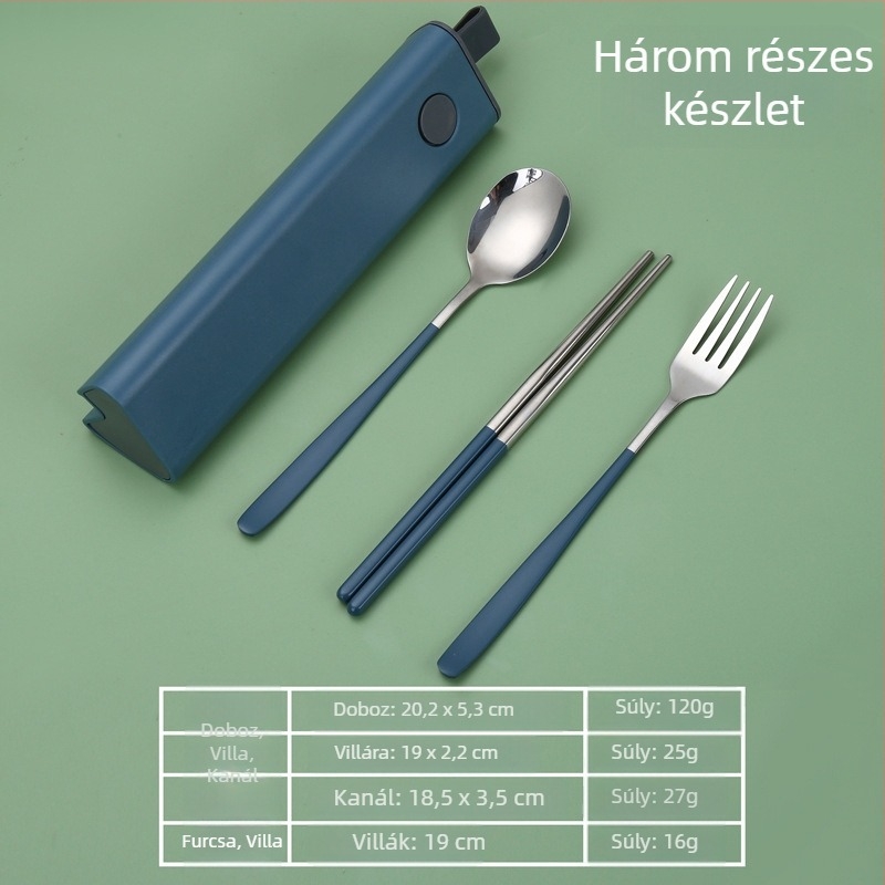 304 rozsdamentes acél utazó étkészlet: kanál, villa, evőpálcikák és doboz, tükrös felület, kültéri használatra