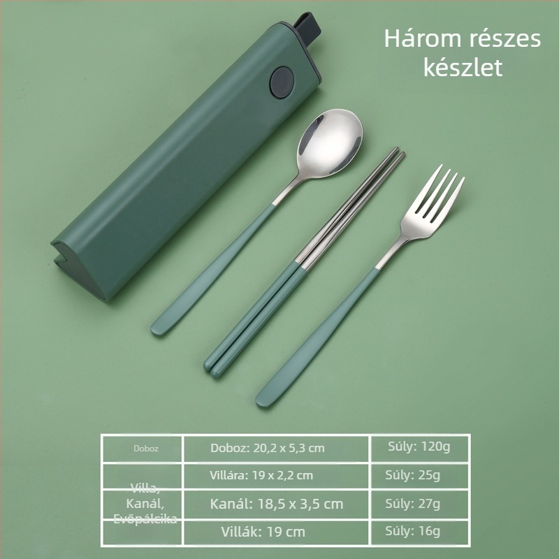304 rozsdamentes acél utazó étkészlet: kanál, villa, evőpálcikák és doboz, tükrös felület, kültéri használatra