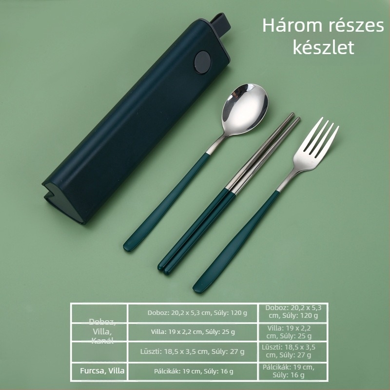 304 rozsdamentes acél utazó étkészlet: kanál, villa, evőpálcikák és doboz, tükrös felület, kültéri használatra