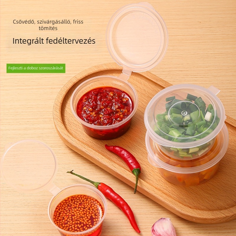 Egyszer használatos szósz pohár készlet egyesített és különválasztható dizájnnal — PP anyag; mikrohullámú sütőben használható; Melt Box; Származás: Shandong; 2000 készlet/doboz