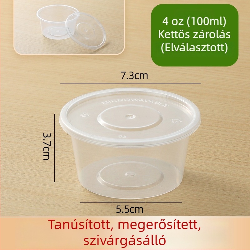 Egyszer használatos szósz pohár készlet egyesített és különválasztható dizájnnal — PP anyag; mikrohullámú sütőben használható; Melt Box; Származás: Shandong; 2000 készlet/doboz