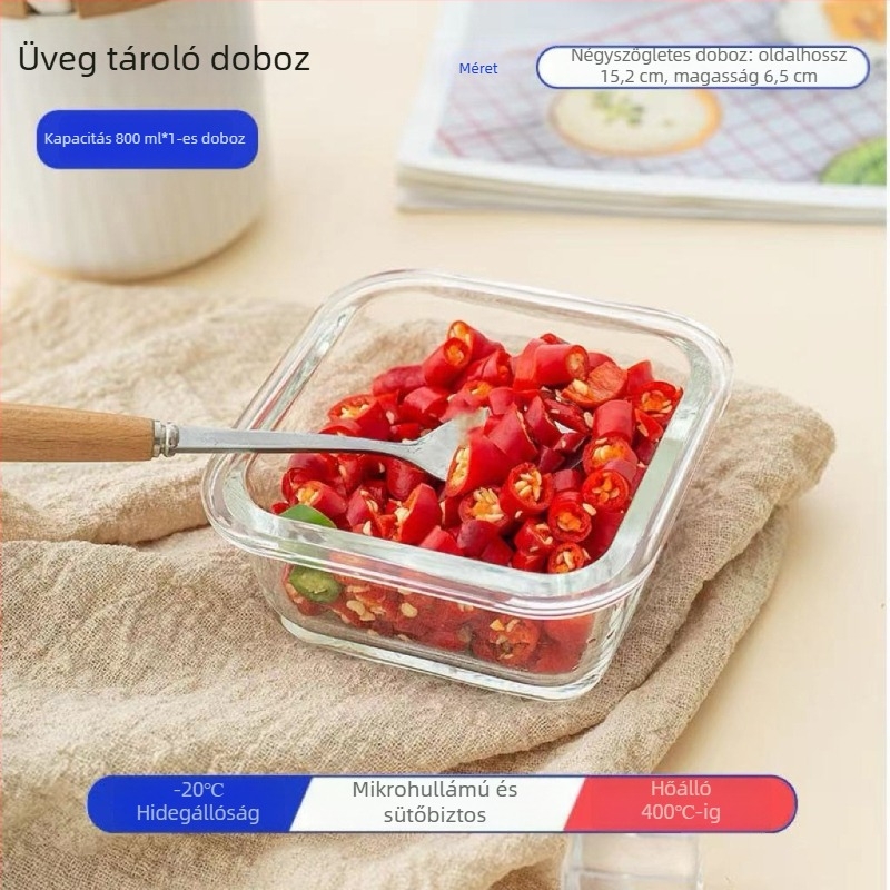 Boroszilát üvegből készült téglalap alakú babaétel tároló, dupla rétegű, mikróhullámú sütőben használható, gőzölő tojásos tál, kapacitás 300–800 ml