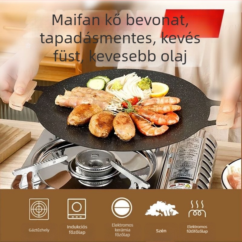 Kemping grill serpenyő ovális, 304-es rozsdamentes acélból, teppanyaki stílusú, indukcióval kompatibilis
