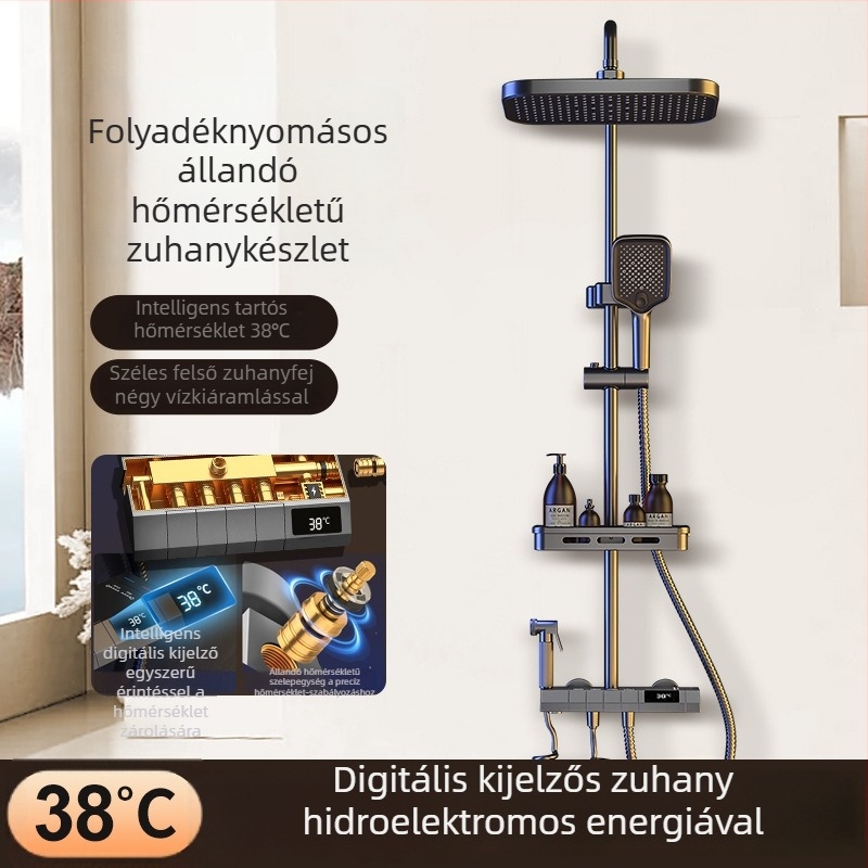 Beépített zuhanykészlet, digitális hőmérséklet-kijelző, hőmérséklet-szabályozás, körzuhanyfej, működési hőmérséklet 0-55°C