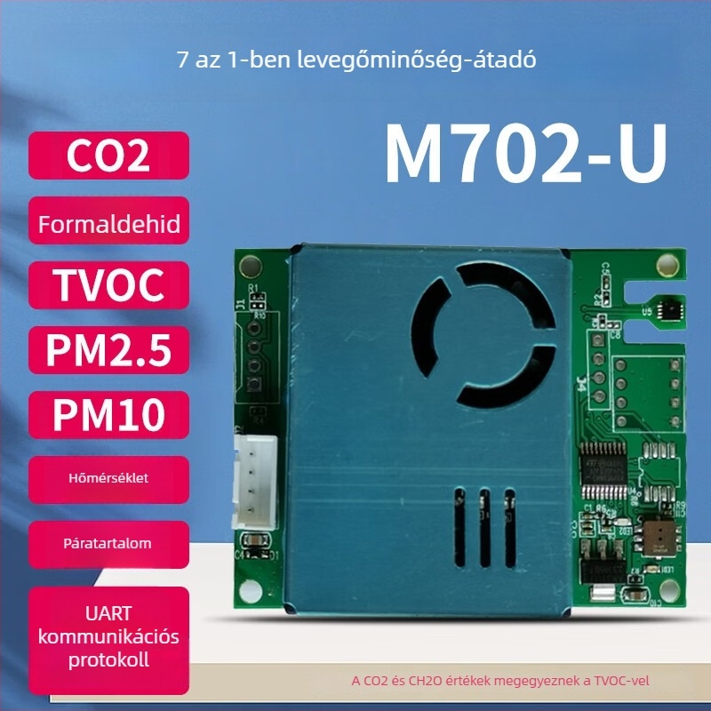 7-in-1 szenzor modul a levegő minőségének mérésére: CO2, formaldehid, PM2.5/PM10, TVOC, hőmérséklet és páratartalom; RS485/UART interfész; elektrokémiai szenzor