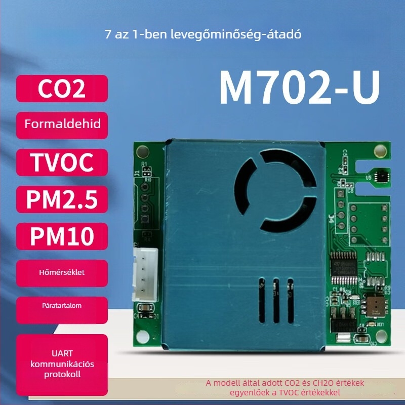 7-in-1 szenzor modul a levegő minőségének mérésére: CO2, formaldehid, PM2.5/PM10, TVOC, hőmérséklet és páratartalom; RS485/UART interfész; elektrokémiai szenzor