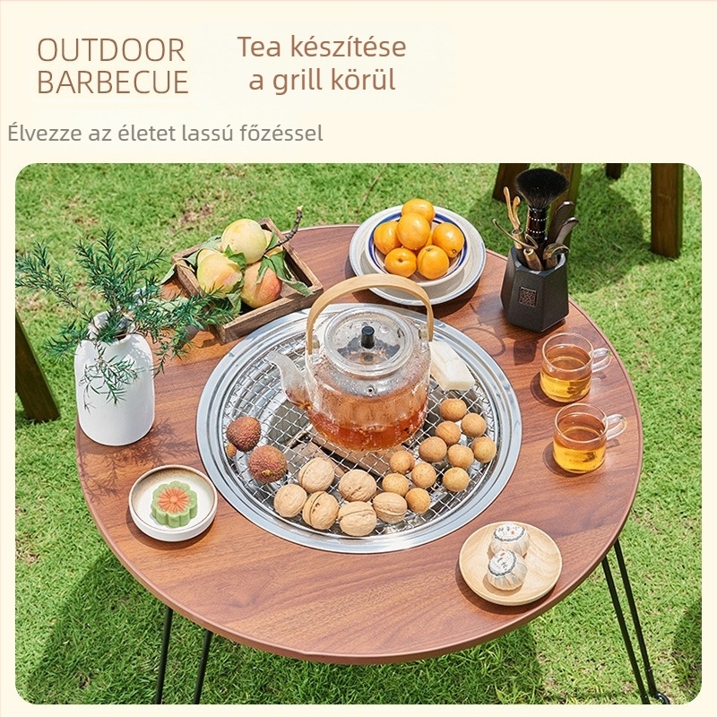 Összecsukható kültéri tea- és tűzhelyasztal – kör alakú, multifunkcionális kültéri kazánasztal, mesterséges lemezből, testreszabás elérhető