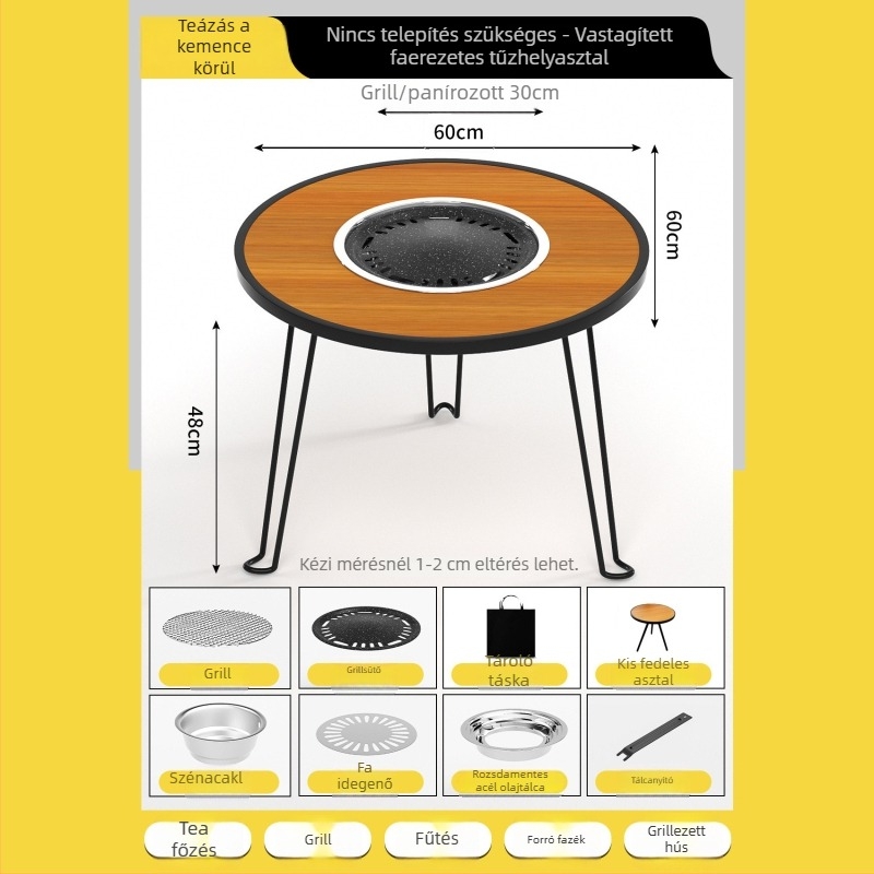 Összecsukható kültéri tea- és tűzhelyasztal – kör alakú, multifunkcionális kültéri kazánasztal, mesterséges lemezből, testreszabás elérhető