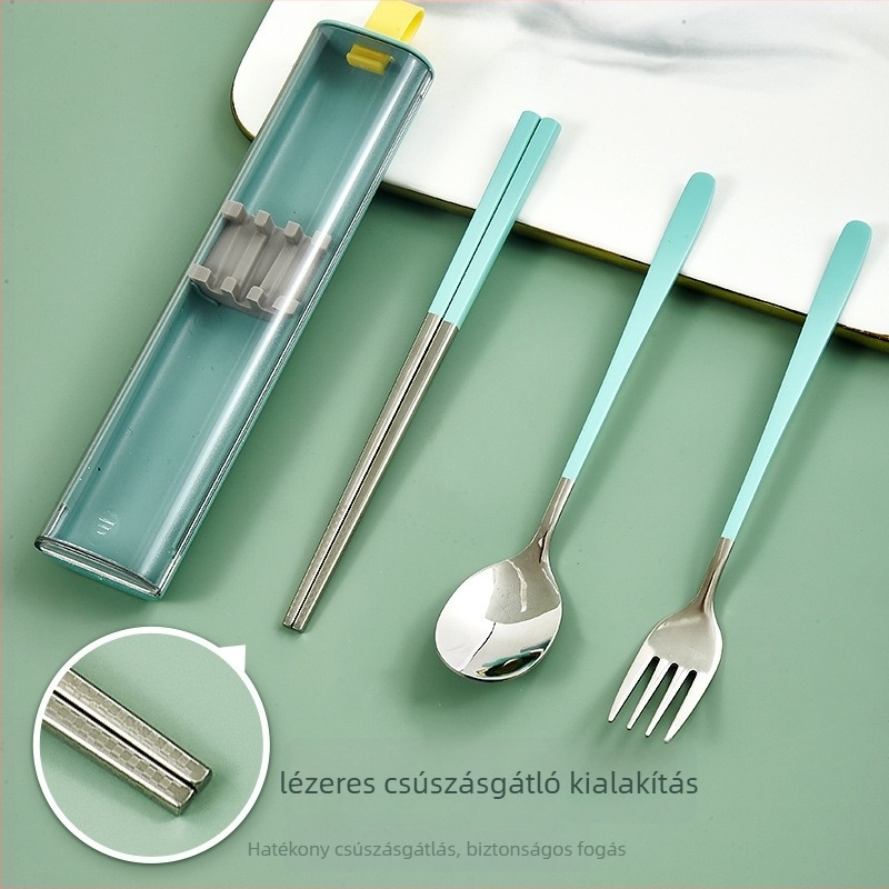 Hordozható 304 rozsdamentes acél evőeszköz-készlet kihúzható dobozzal – Koreai stílus, 3 darab: kanál, villa és pálcikák, minimalist Dizájn