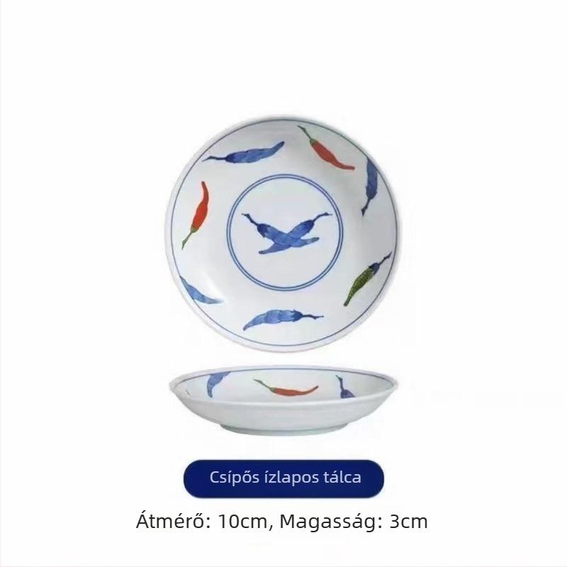 Porcelán mártásos tányérok, japán stílus, kerek, 6 darabos készlet, növényi minta