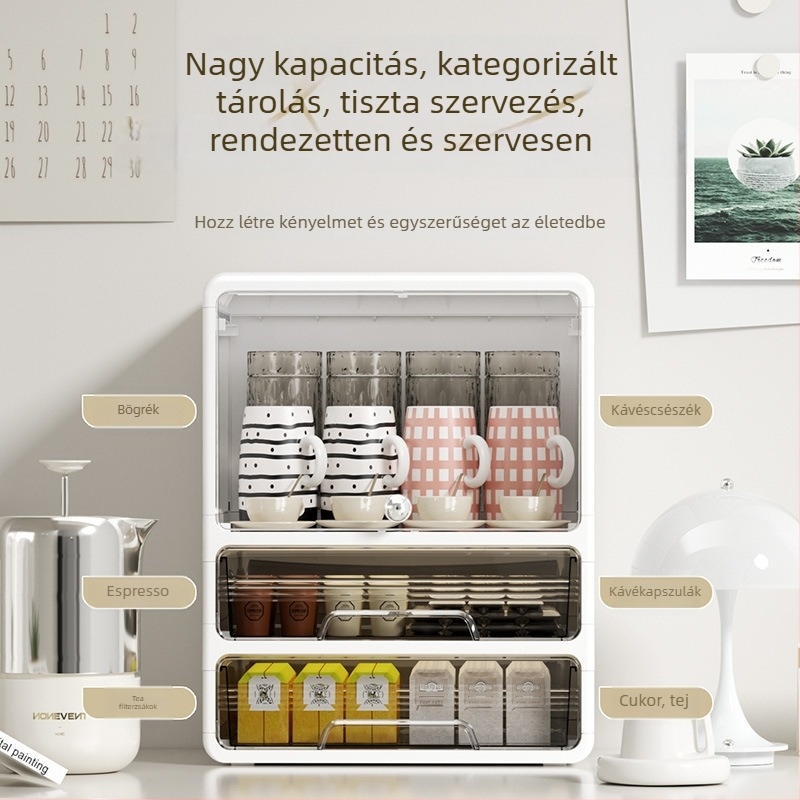 Irodai pohártartó, porvédett PP anyagú tároló szekrény kávé-, tea-, bor- és víz poharak számára, modern minimalista stílus, fúrás nélkül