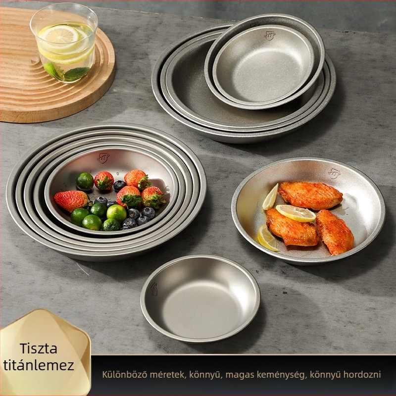 Tiszta titánból készült kerek tányér kempingezéshez, edénykészlet, egyben öntött felület, modern minimalist stílus