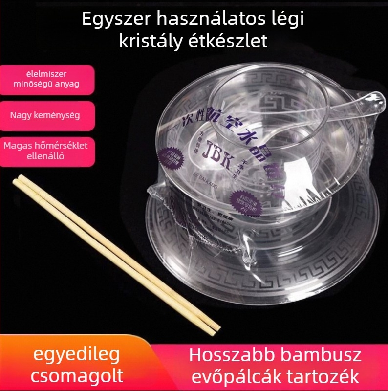 Egyszer használatos műanyag étkészlet: tálak és evőpálcikák, négy darabos készlet, kör alakú tálak, hőálló, élelmiszer-minőségű