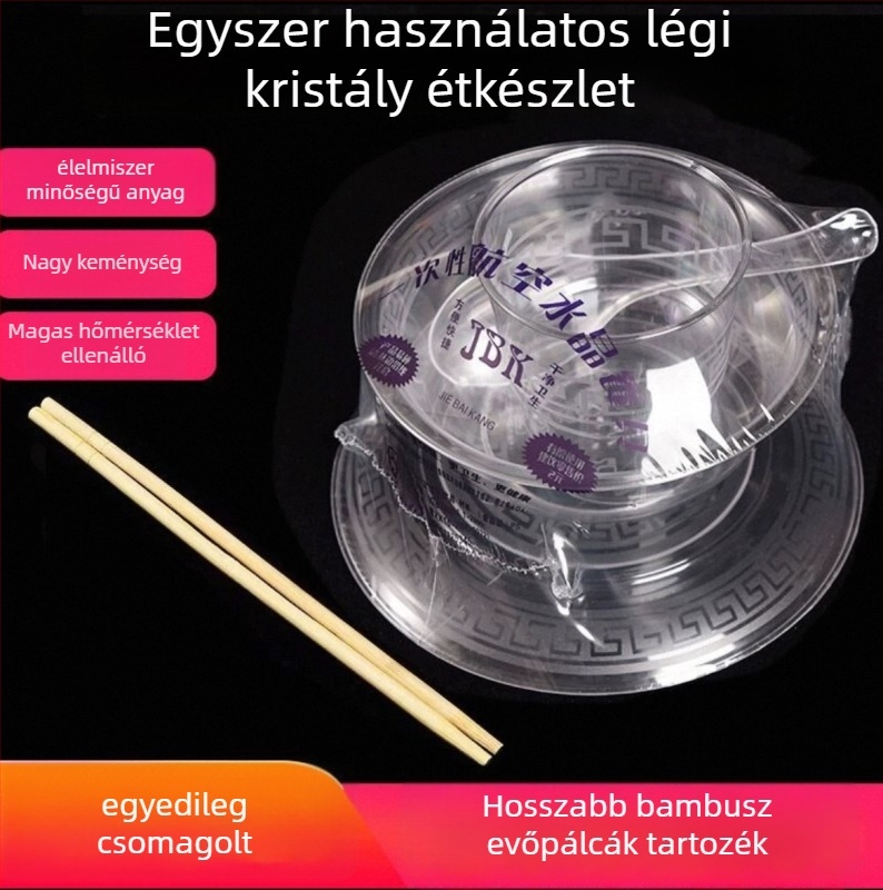 Egyszer használatos műanyag étkészlet: tálak és evőpálcikák, négy darabos készlet, kör alakú tálak, hőálló, élelmiszer-minőségű
